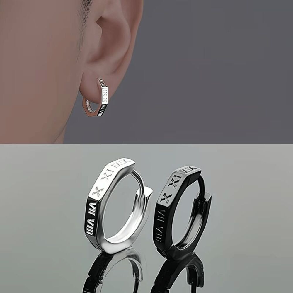 Roman Numeral Stainless Steel Men's Unisex Hoop Earrings
